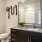Model bathroom at our apartments for rent in Richmond, featuring brown cabinetry and granite patterned countertops.